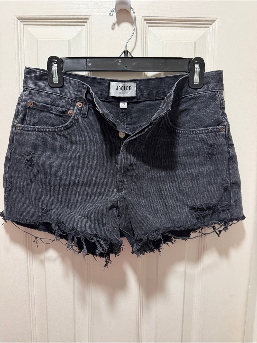 Agolde Black Distressed Frayed Hem Denim Shorts